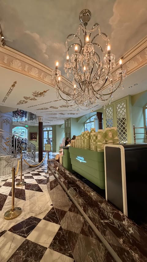 Instagram post by @handealpata for LADUREE PARIS OFFICIEL. Caption reads: Lovely afternoon @maisonladuree Parisian tea....