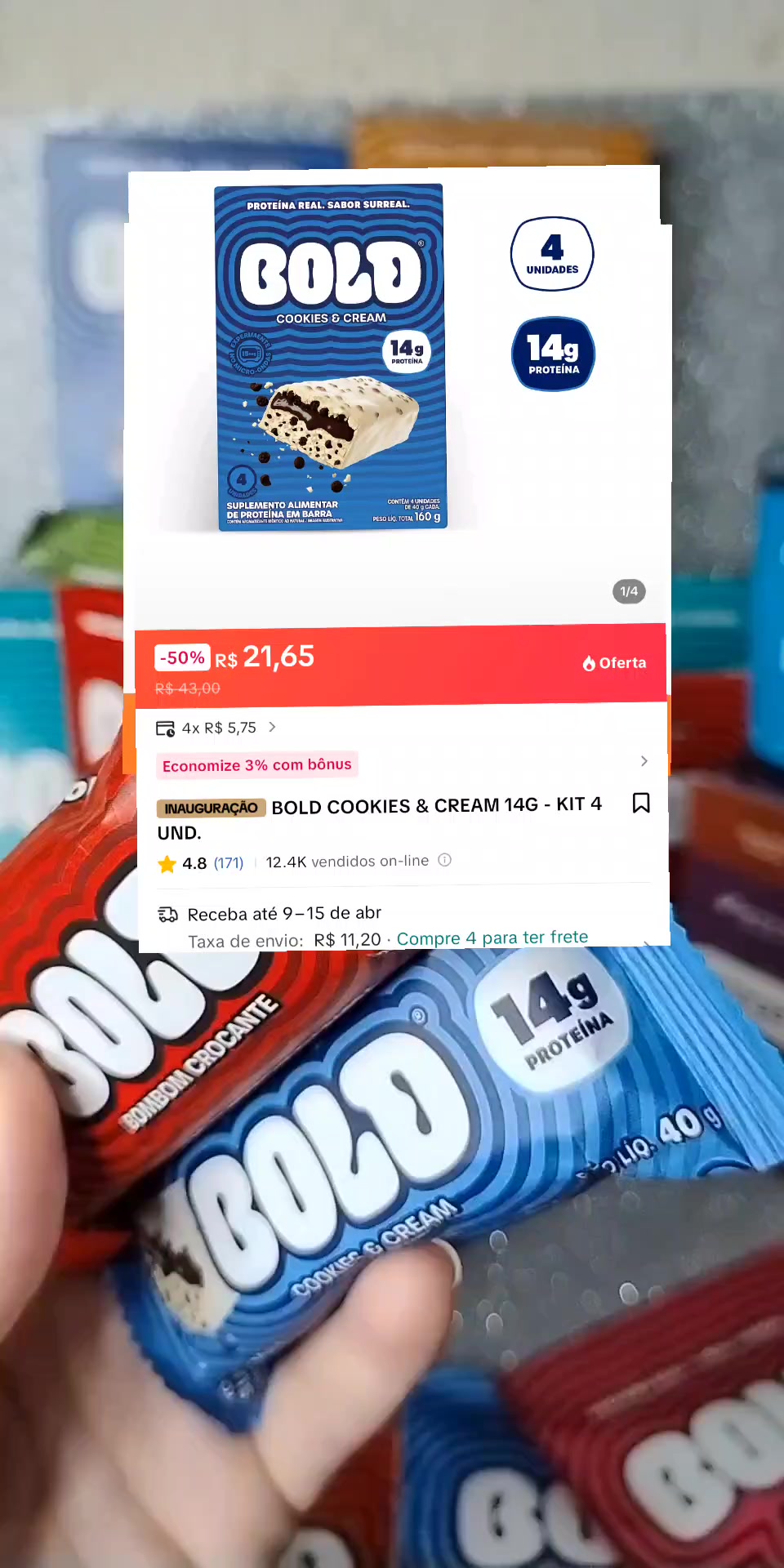 TikTok post by @receitasfaceis0112 for BOLD SNACKS. Caption reads: [...] #tiktokshopbr44 @BOLD SNACKS.