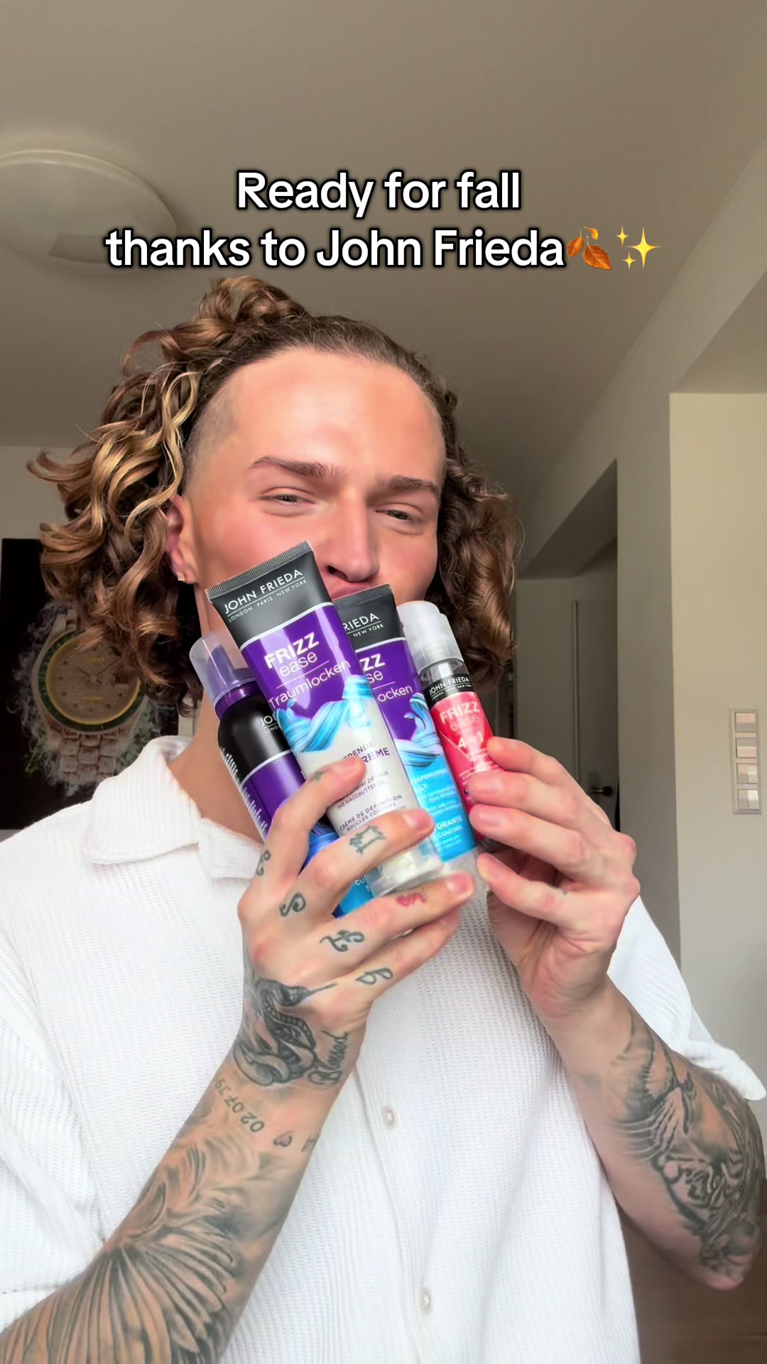 TikTok post by @iamfabrice22 for John Frieda. Caption reads: BRING BACK MY DAMAGED CURLS WITH  @John Frieda ✨🍂....