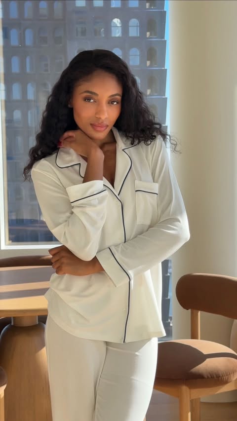 Instagram post by @rem0nia for Eberjey. Caption reads: New year means new pajamas. The Eberjey Gisele....