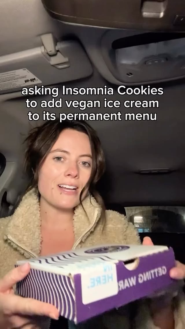 Instagram post by @maggieeatsvegan for Insomnia Cookies. Caption reads: Asking @insomniacookies to add vegan ice cream to....