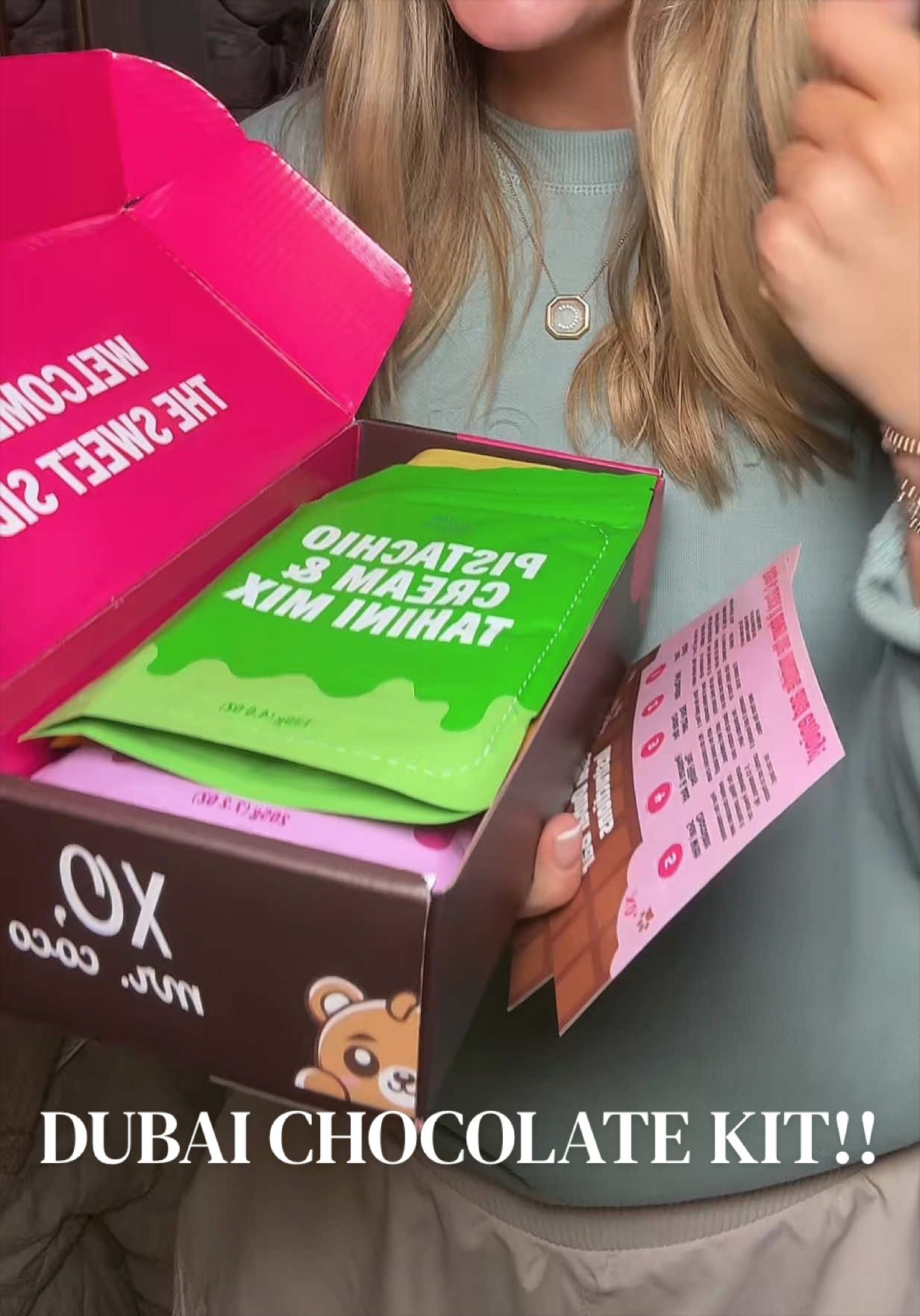 TikTok post by @carlin.whaley for Mr Coco. Caption reads: Dubai chocolate bar kit!!!! YOU NEED TO TRY IT!!....