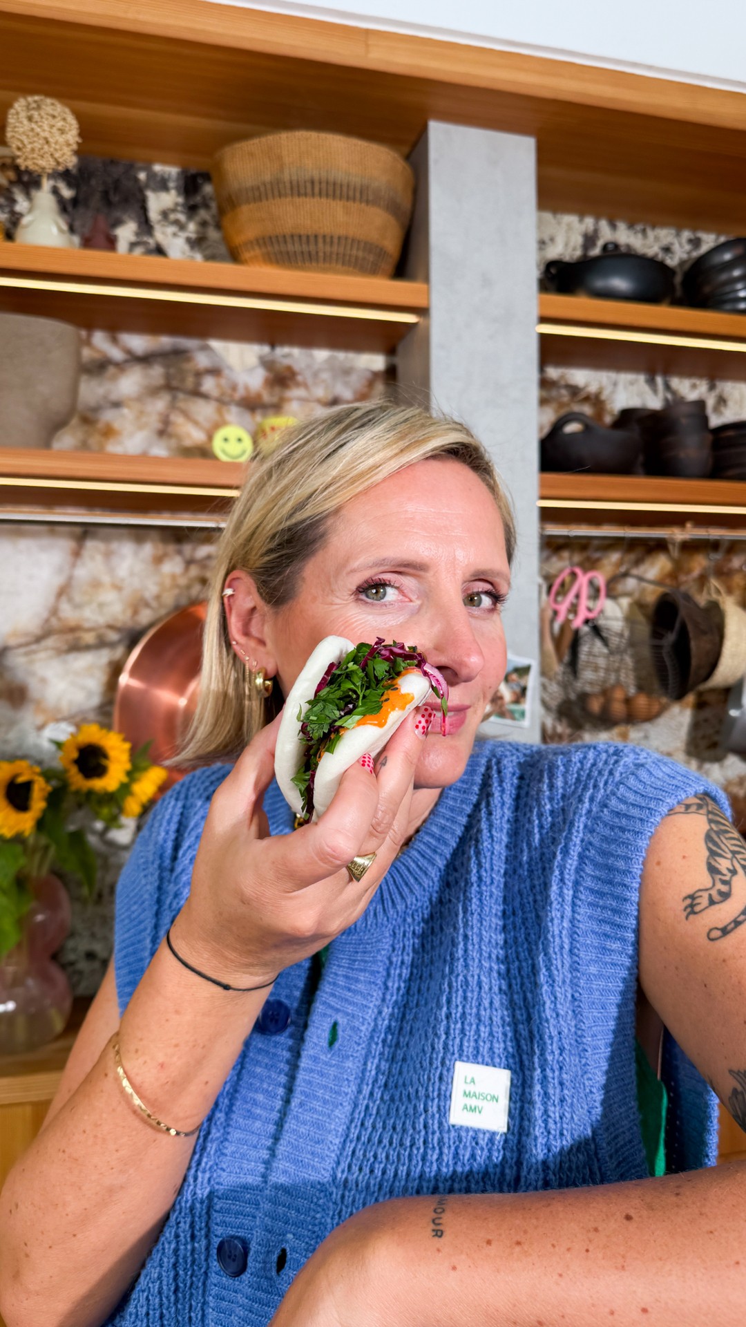 Instagram post by @sofiedumontchef for Philips. Caption reads: Bao Buns met Pulled Paddenstoelen, Rodekoolpickles....