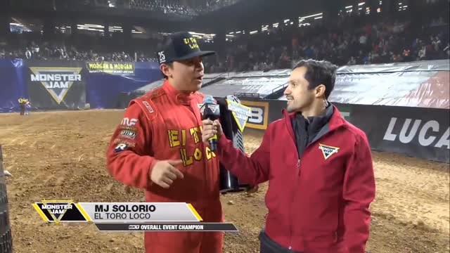 Instagram post by @mj.solo for Monster Jam. Caption reads: [...] @BKT_Tires overall event champion 🏆....