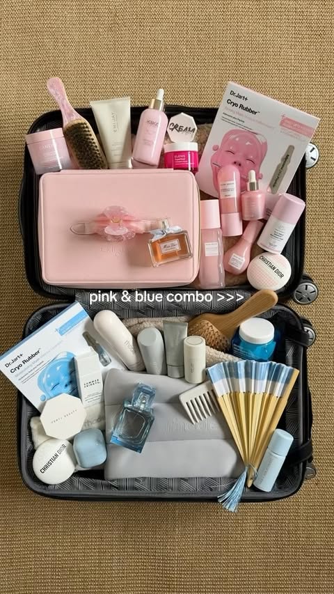 Instagram post by @carrieanne_ for Glow Recipe. Caption reads: pink & blue combo >>> pr inc - #suitcase #packing....