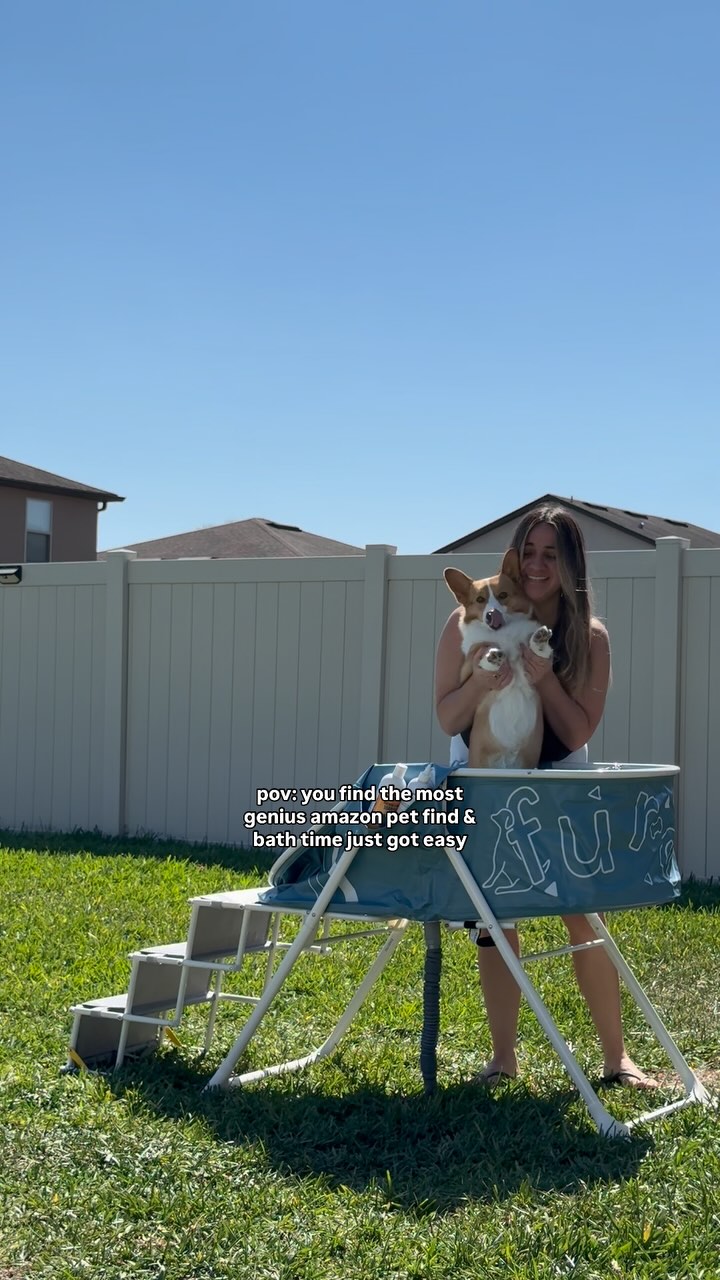 Instagram post by @homewithstephannie for Amazon Pets. Caption reads: genius @amazon pet find — a portable bath tub for....