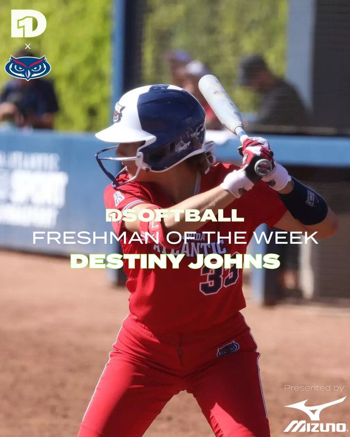 Instagram post by @destinyjohns_ for D1Softball.com. Caption reads: [...] weekend. Presented by Mizuno Visit....