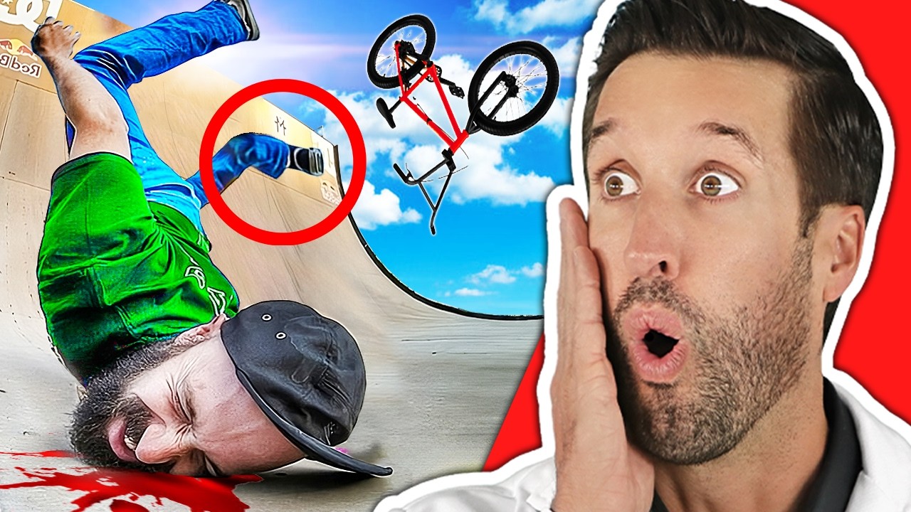 YouTube post by @DoctorER for Bored Panda. Caption reads: ER Doctor REACTS to Most PAINFUL BMX Bike Fails....