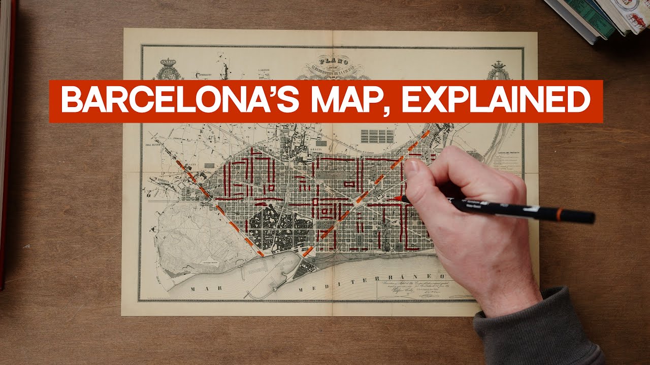 YouTube post by @DanielsimsSteiner for KiwiCo. Caption reads: Barcelona's Map, Explained.