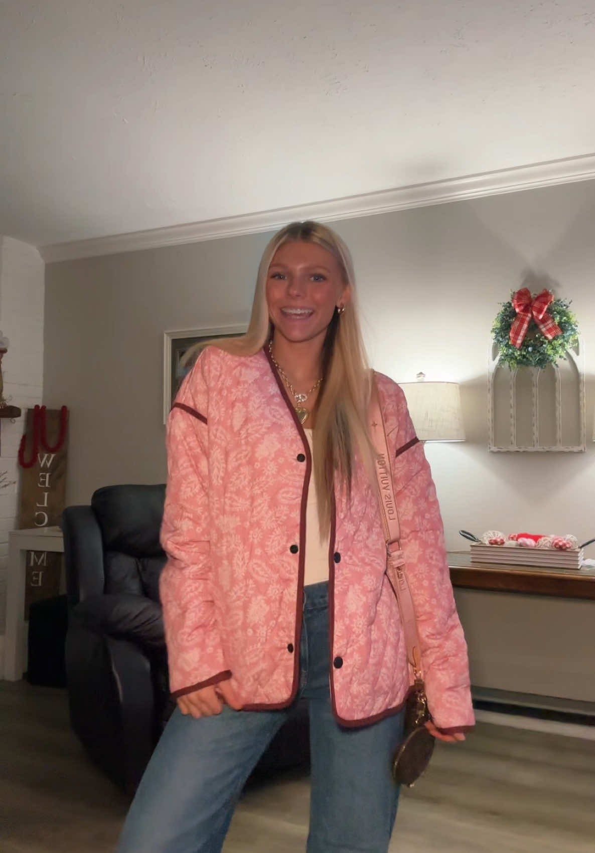 TikTok post by @ally.enlow for HoneyPlum Clothing. Caption reads: 🧸The cutest jacket from🧸@HoneyPlum Clothing....