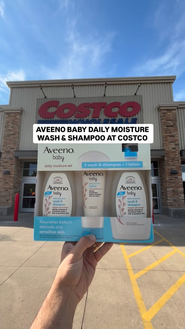Instagram post by @costcofam4u for Aveeno. Caption reads: 🍼✨ NEW Baby Care Find at Costco! Item #1861502 –....