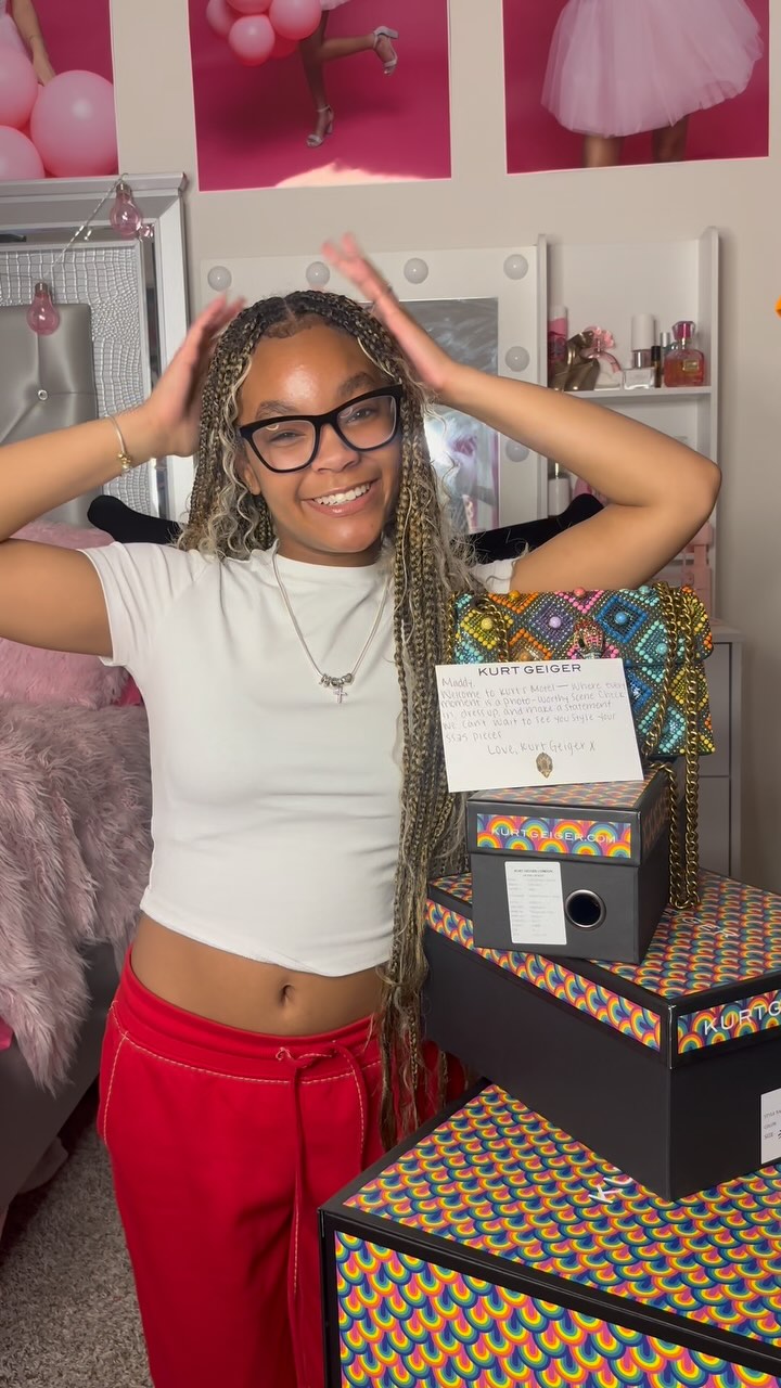 Instagram post by @_.maddygrace for Kurt Geiger. Caption reads: UNBOXING MY DREAM PR PACKAGE....