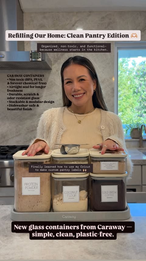 Instagram post by @rachelvogttrends for Caraway Home. Caption reads: Refilling Our Home: Pantry Edition 🤍
Bringing....