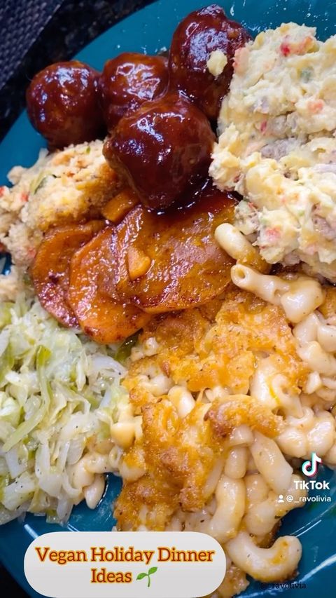 Instagram post by @olabunnii for Mooala. Caption reads: vegan holiday dinner ideas 🌱
vegan bbq meatballs....