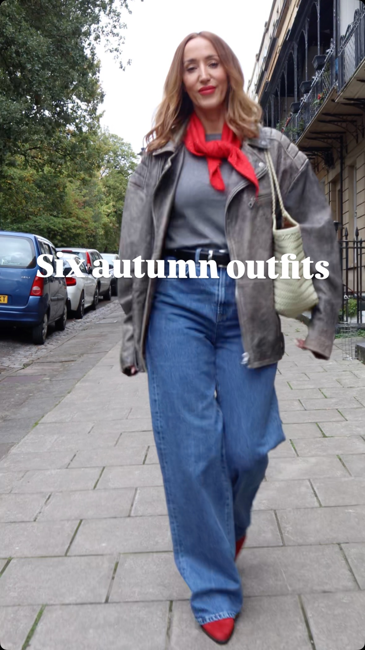 Instagram post by @katiemaxwellstylist for French Connection. Caption reads: Six elevated autumn outfits for you to save 💾....