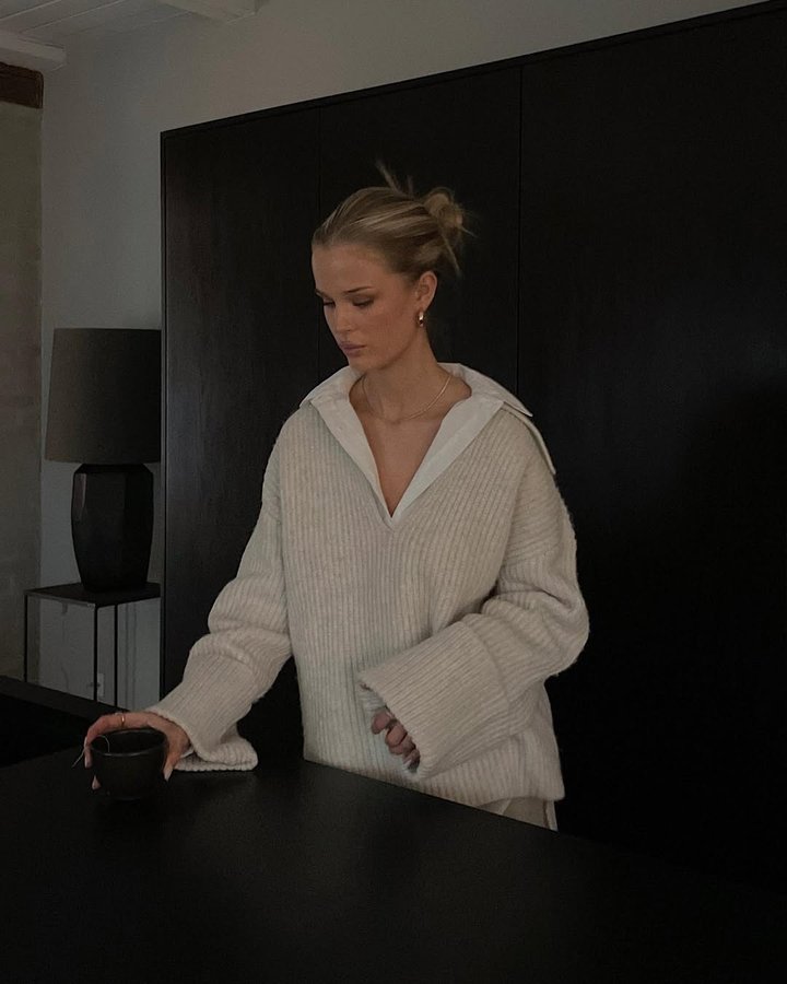 Instagram post by @victoriagarber for Ellos. Caption reads: Advertisement | timeless basics🤍☕️ go check my....