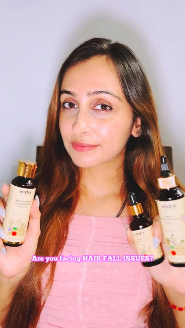 Instagram post by @stylebysucheta for Vedix. Caption reads: From hair fall panic to healthy hair days 

Tried....