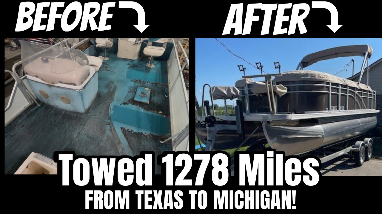 YouTube post by @tomspontoons for YesWelder. Caption reads: Texas Pontoon Boat Restored IN MICHIGAN - Towed....