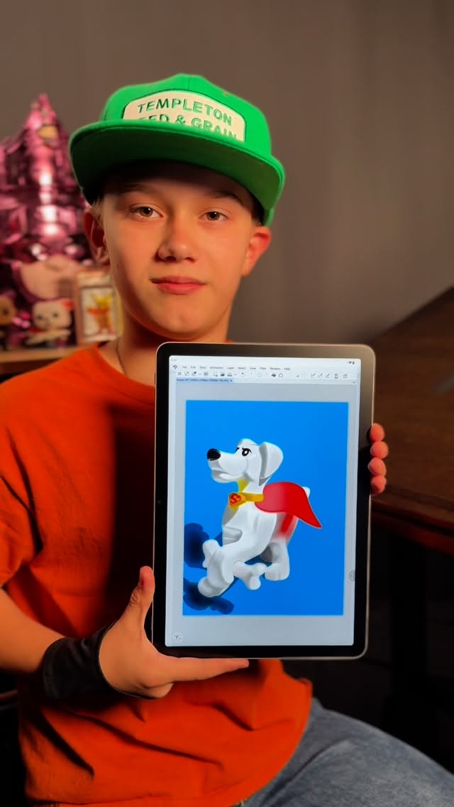 Instagram post by @maddaxdraws for Wacom. Caption reads: I had so much fun drawing Lego Krypto on the new....