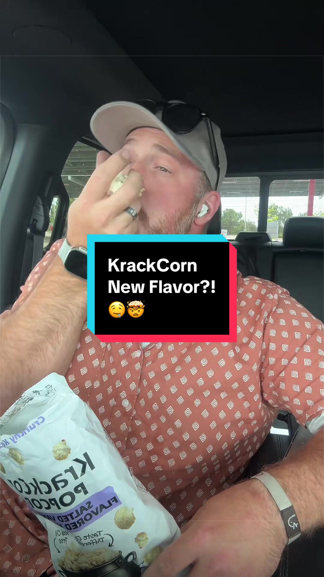 TikTok post by @dadreviewsttshop for KrackCorn Popcorn. Caption reads: The king of snacks is back! @KrackCorn Popcorn....