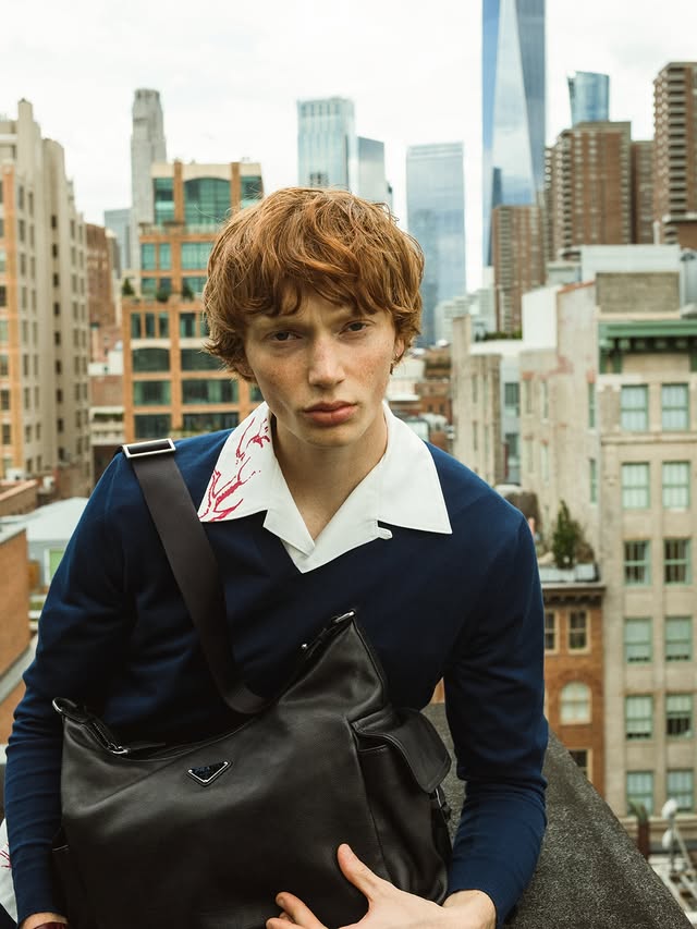 Instagram post by @calumharper for Prada. Caption reads: I’m @prada me n my bag #PradaSS26 - Shot by....