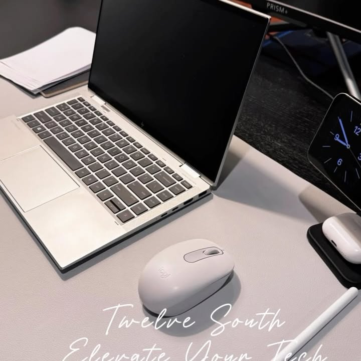 Instagram post by @jarrodandamelia for Twelve South. Caption reads: [...] the DeskPad and HiRise 2 Deluxe from....