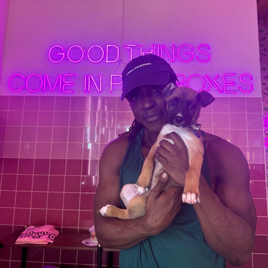 Instagram post by @shakastrong for Pups Without Borders. Caption reads: [...] to my boy Zion 🐶 thank you....