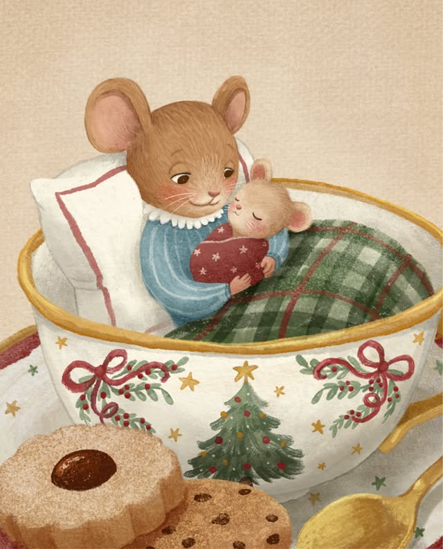 Instagram post by @sweetvilmita_illustrator for Procreate. Caption reads: ✨Warm hug in a mug✨ #lettersfromwinter2025....