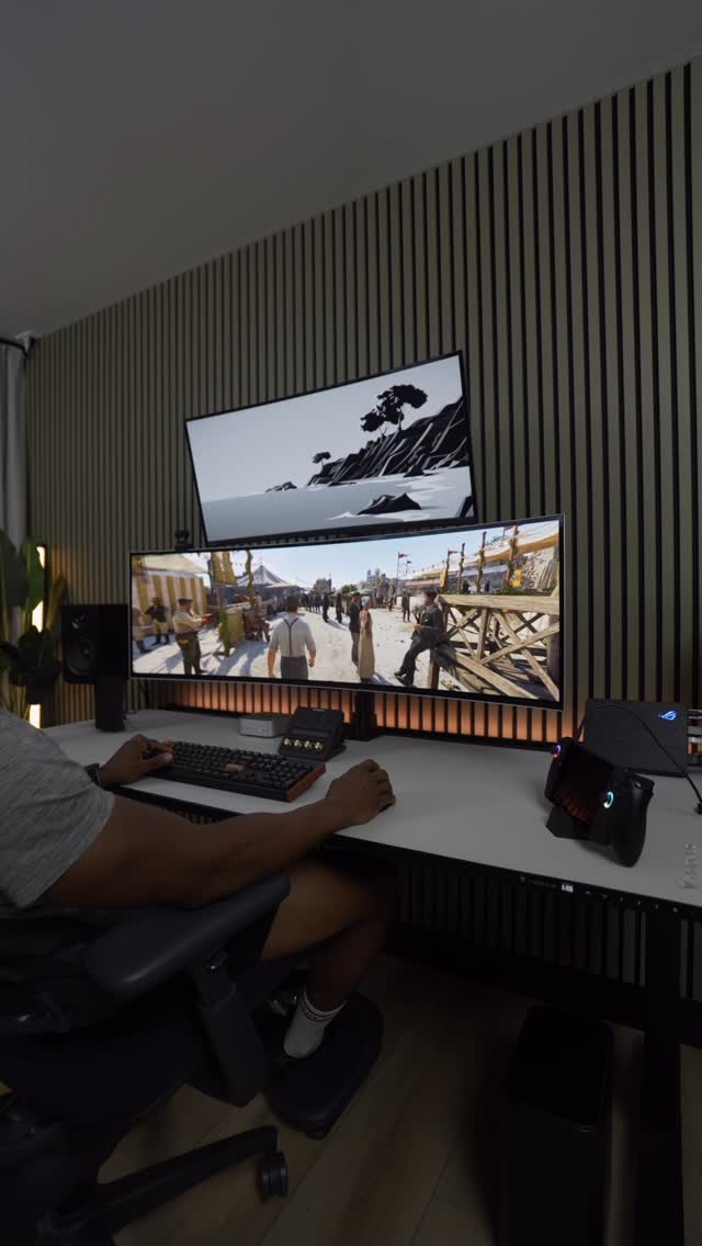 Instagram post by @techbymidas for ASUS. Caption reads: Adding an RTX 5090 eGPU to my desk setup....