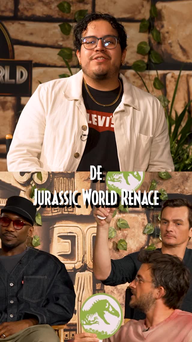 Instagram post by @historiaparatontos for Universal Pictures. Caption reads: ¡Reté al cast de Jurassic World Renace para probar....