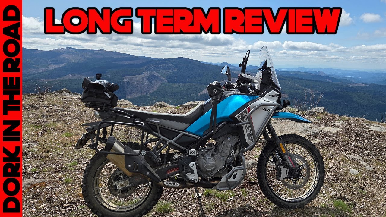 YouTube post by @DorkintheRoad for Mosko Moto. Caption reads: CFMOTO Ibex 450 1000 Mile Review.