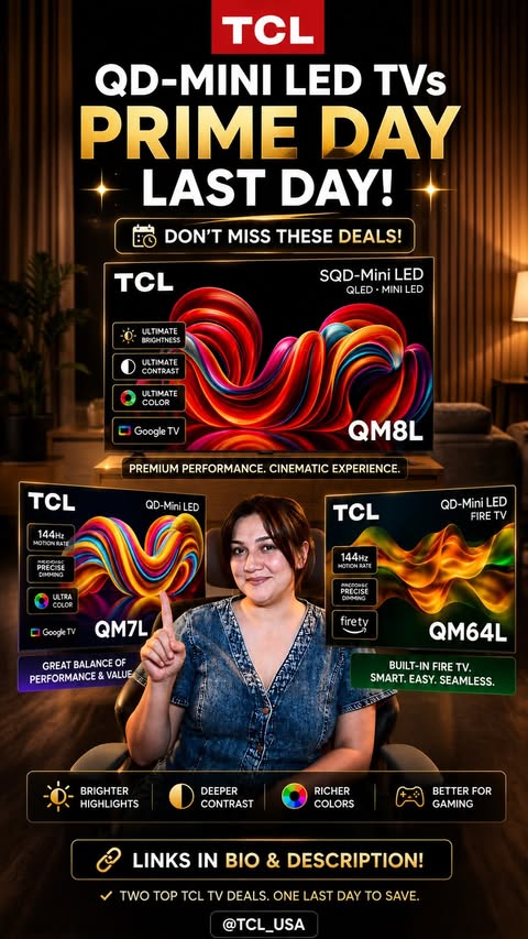 Instagram post by @dilarainusa for TCL USA. Caption reads: TCL QM64L QD-Mini LED Fire TV & TCL QM8L QD-Mini....