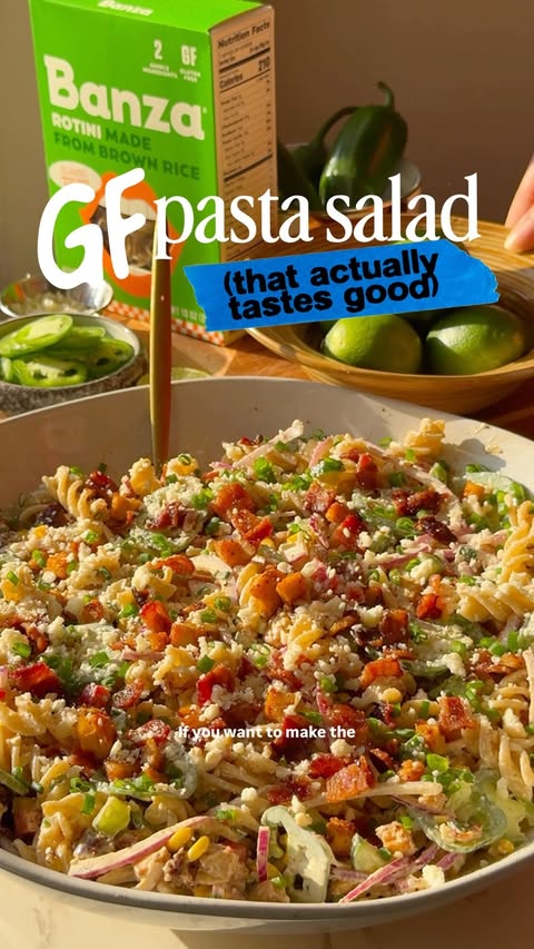 Instagram post by @violetcooksthings for Banza. Caption reads: #banzapartner GF SPICY STREET CORN PASTA SALAD🔥....