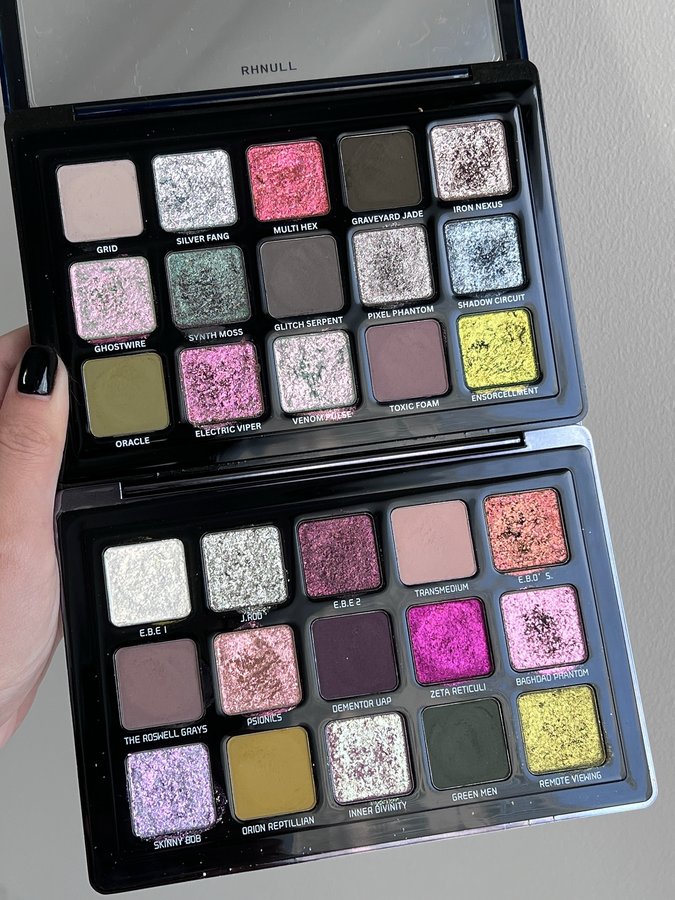 Instagram post by @freya86_ff for Adept Cosmetics. Caption reads: Swatching the new @adeptcosmetics RHNULL palette....