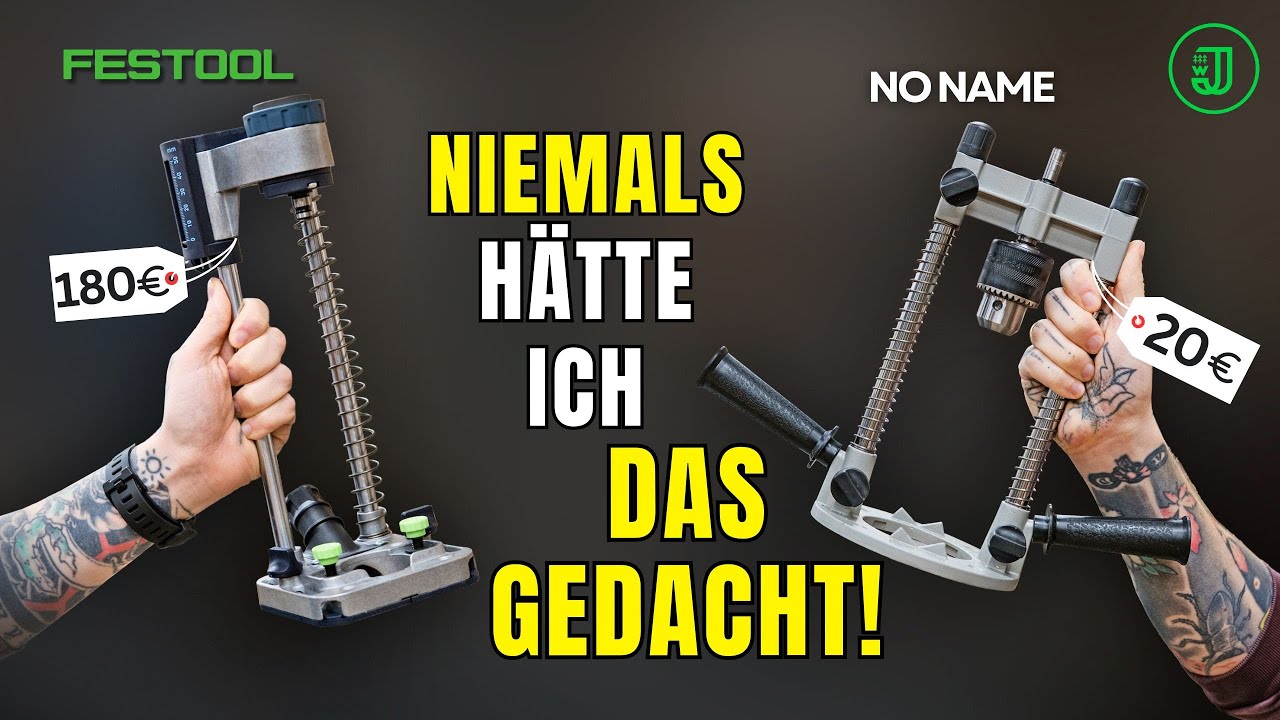 YouTube post by @JonasWinkler for SNOCKS. Caption reads: €180 Festool DRILL STAND vs. €20 cheap product 👉....