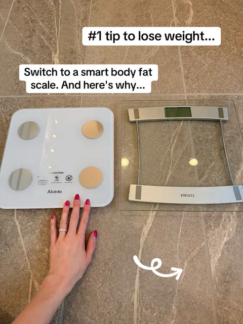 TikTok post by @ambre_skye for Alcedo Health. Caption reads: Invest in a smart body fat scale so you can see....