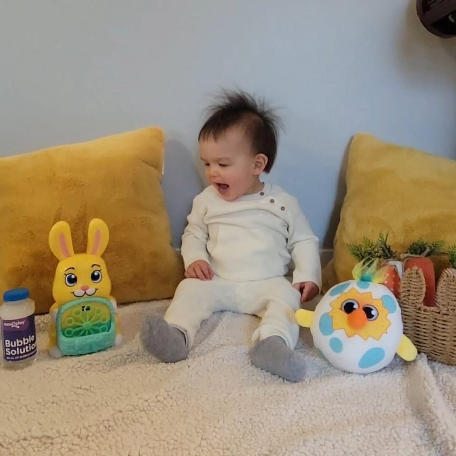 Instagram post by @hellomindyu for Move2Play. Caption reads: [...] Bunny Blower and Egg Toss plushie from....