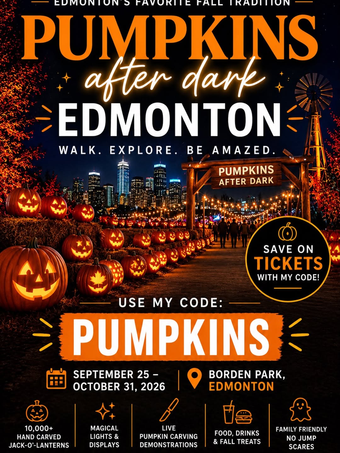 Instagram post by @jelenareich for Yeggers Creator Community. Caption reads: 🎟️ SAVE ON YOUR TICKETS! 🎃 Use my code PUMPKINS....