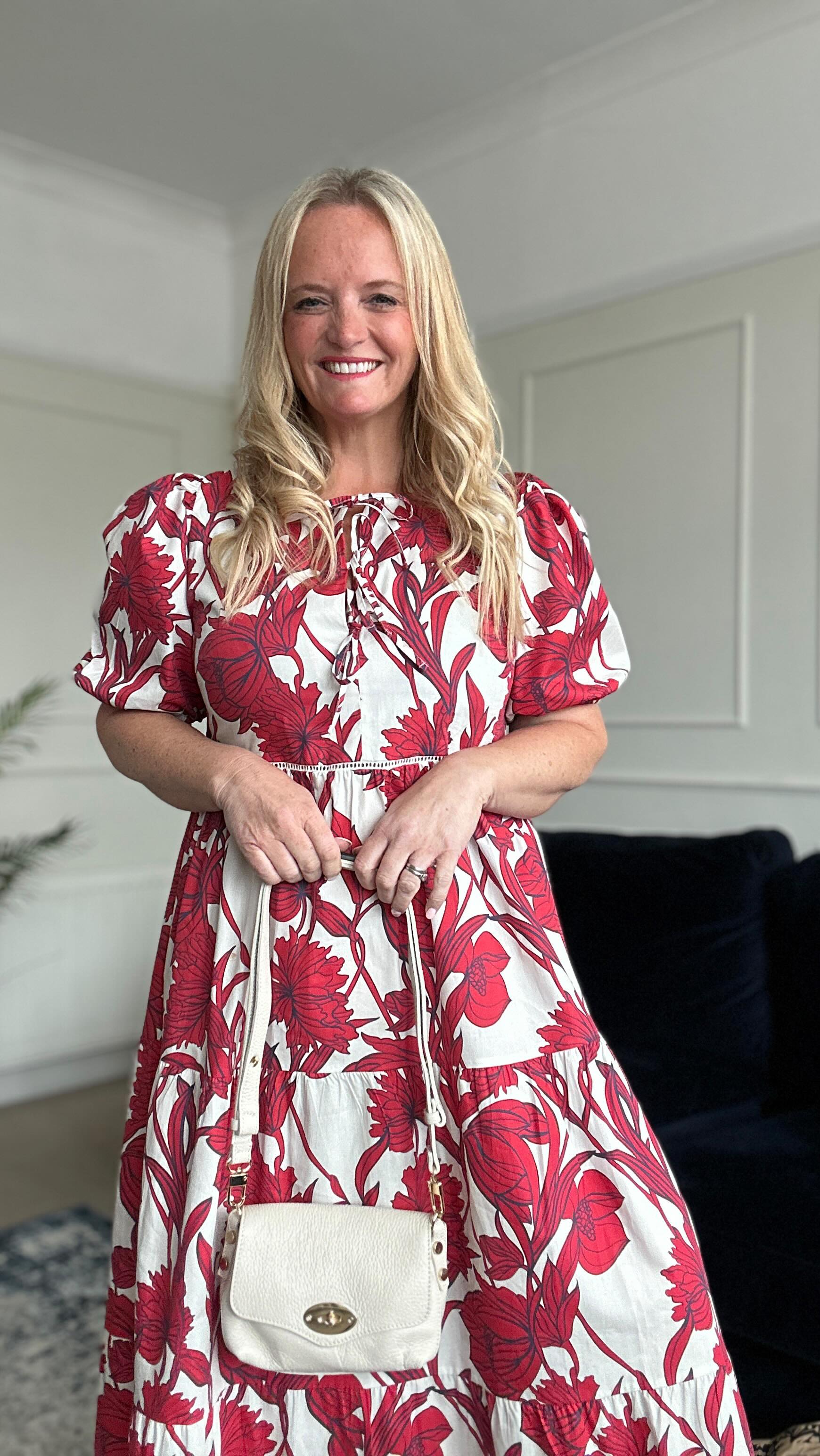 Instagram post by @dress_loving_mama for Baukjen. Caption reads: [...] Organic Cotton Tie Midi Dress from @baukjen.....