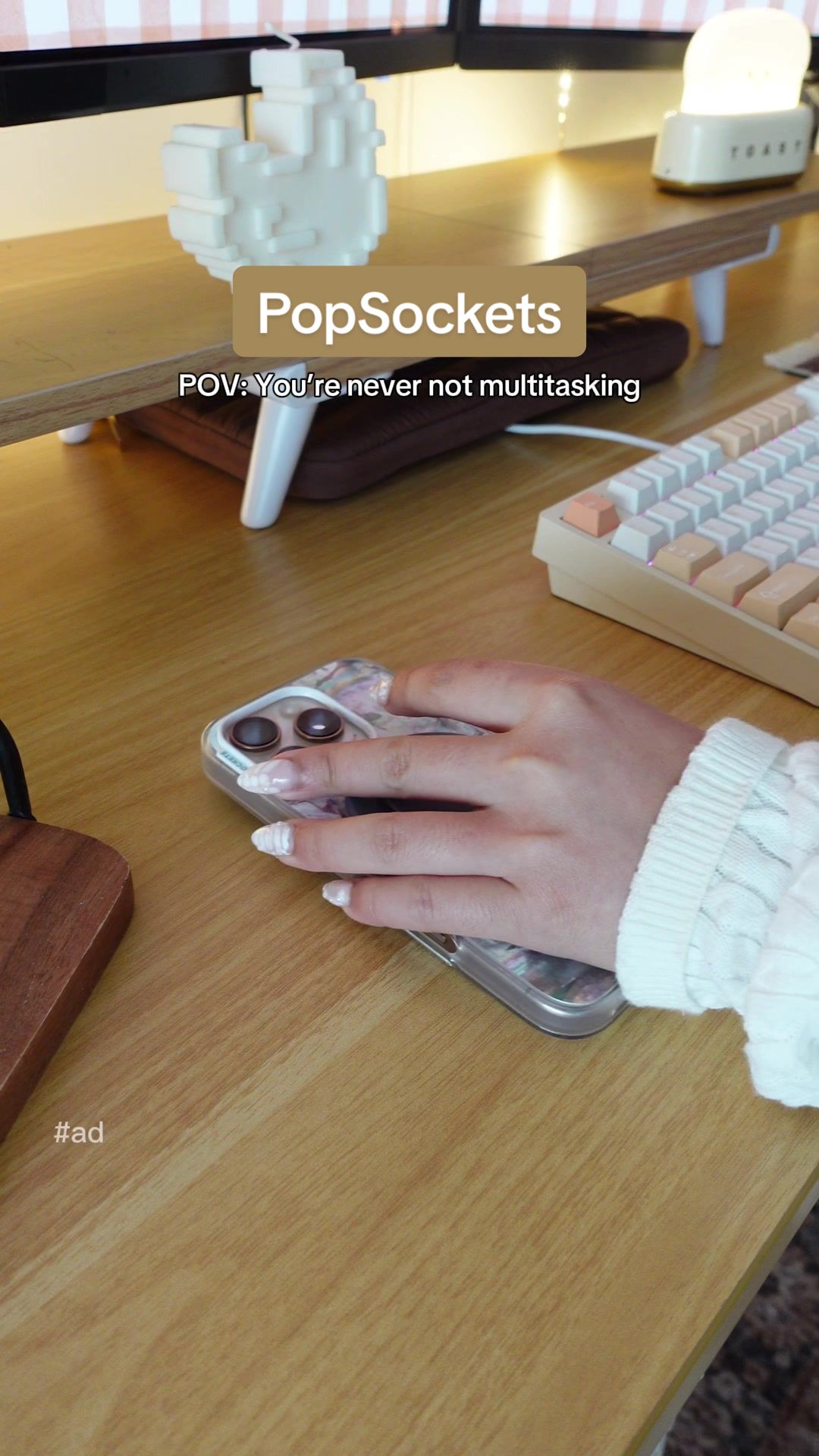 TikTok post by @cozycornerkai for PopSockets. Caption reads: I’ve been a PopSockets girly for ages, truly.....