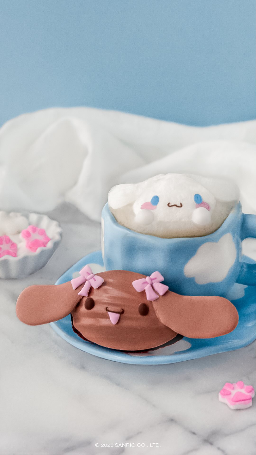 Instagram post by @luxeandthelady for Sanrio. Caption reads: Puppuccino 🩵☁️☕️ – Celebrating #NationalPuppyDay....