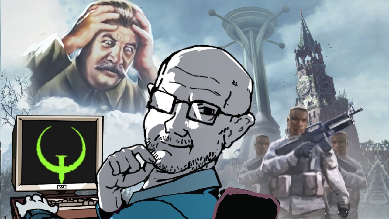 YouTube post by @Warlockracy for AdamAndEve.com. Caption reads: A Soviet man discovers QUAKE and BLACK PEOPLE;....