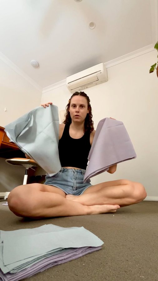 Instagram post by @georgias_portfolio for The Fabric Store. Caption reads: Back at it! 🟪🟦🟨

Timestamps are quickly....