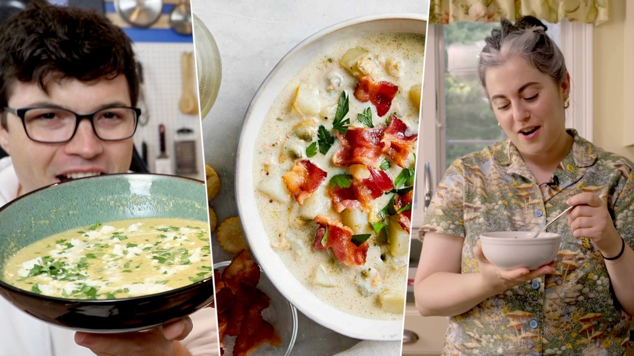 YouTube post by @DavidSeymourOfficial for Taste of Home. Caption reads: I Tested Everyone's Chowder- Claire's Clam,....