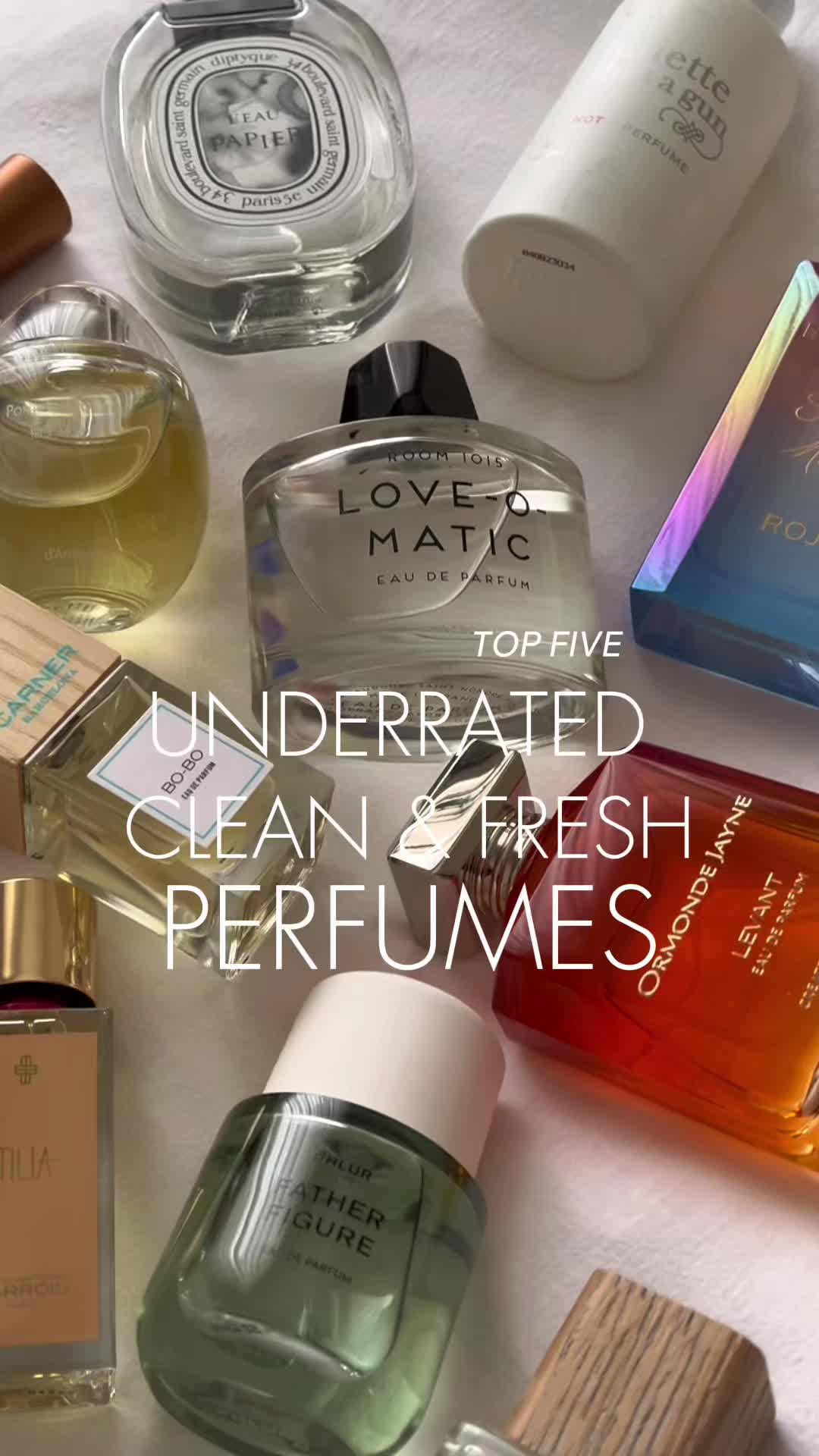TikTok post by @scentedmind for Carner Barcelona. Caption reads: 🫧🧺 TOP 5 UNDERRATED clean & fresh perfumes from....