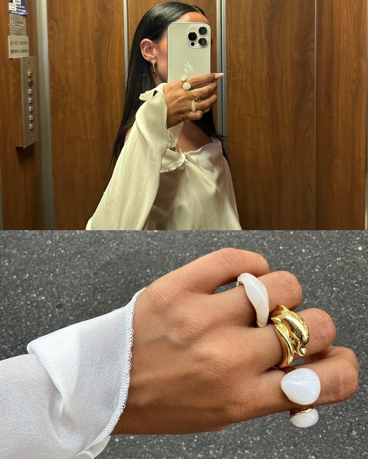 Instagram post by @sarahbrezel for PDPAOLA. Caption reads: rings in rotation @pdpaola_jewelry ✨.