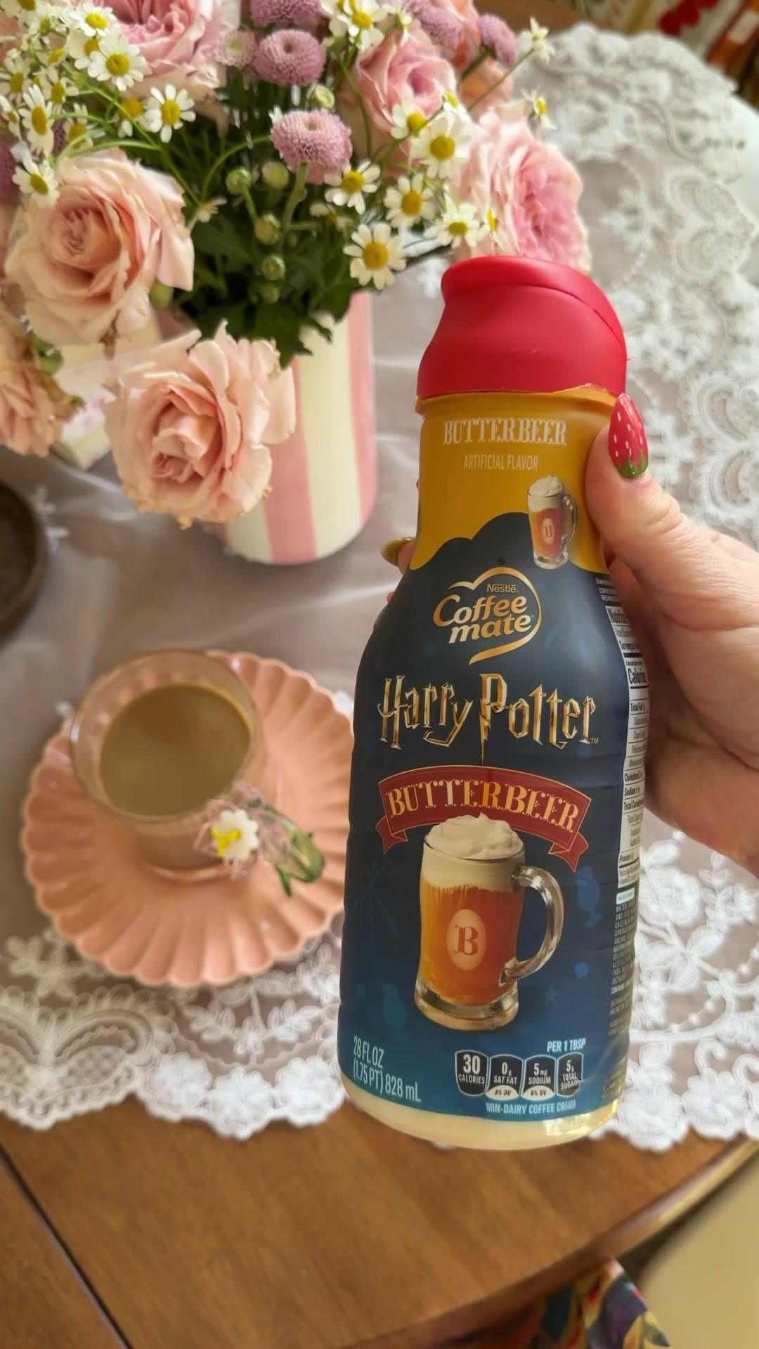 TikTok post by @emilywelchstyle for Coffee Mate. Caption reads: #ad @Coffee mate Harry Potter Butterbeer flavored....