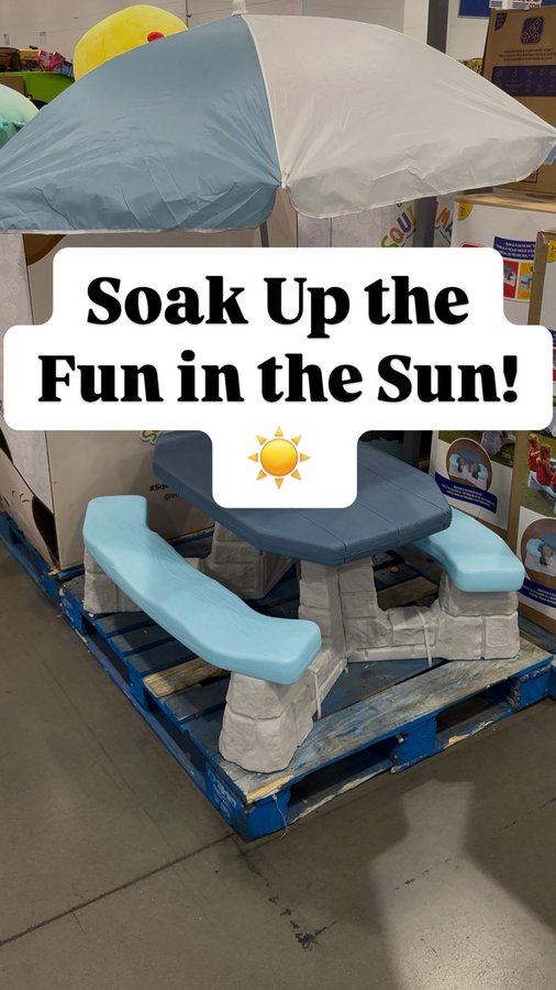 Instagram post by @costcosisters for Step2. Caption reads: [...] Fun Picnic Table with Umbrella™ from....