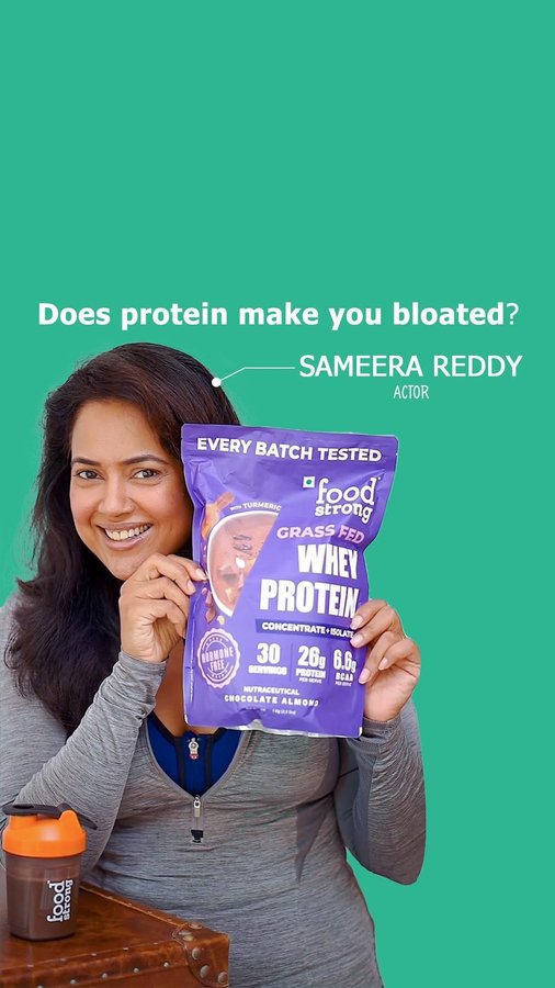 Instagram post by @reddysameera for foodstrong. Caption reads: Does protein make you feel bloated?🫢I’ve been....