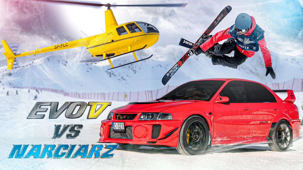 YouTube post by @BuddaTV for mBank. Caption reads: LANCER EVO vs SKI SLOPE! Racing a skier | Failed....